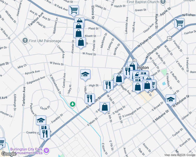 map of restaurants, bars, coffee shops, grocery stores, and more near 418 W 5th St in Burlington