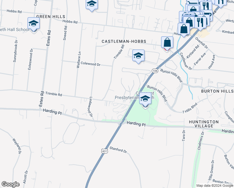 map of restaurants, bars, coffee shops, grocery stores, and more near 3530 Trimble Court in Nashville