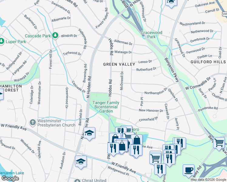 map of restaurants, bars, coffee shops, grocery stores, and more near 1200 Hobbs Road in Greensboro