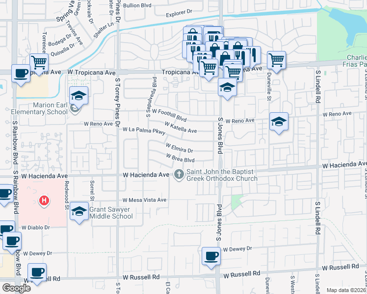 map of restaurants, bars, coffee shops, grocery stores, and more near 6244 West Elmira Drive in Las Vegas