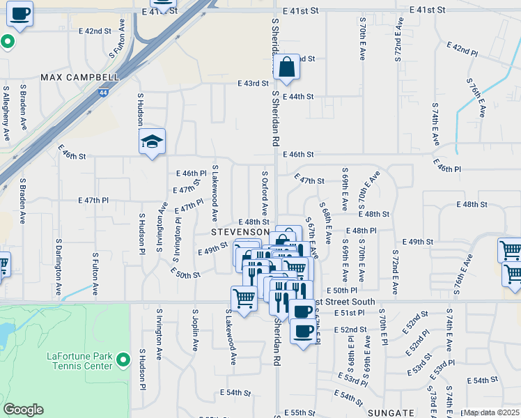 map of restaurants, bars, coffee shops, grocery stores, and more near 4664 South Oxford Avenue in Tulsa