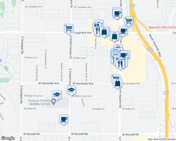 map of restaurants, bars, coffee shops, grocery stores, and more near 5196 Guardian Peak Street in Las Vegas
