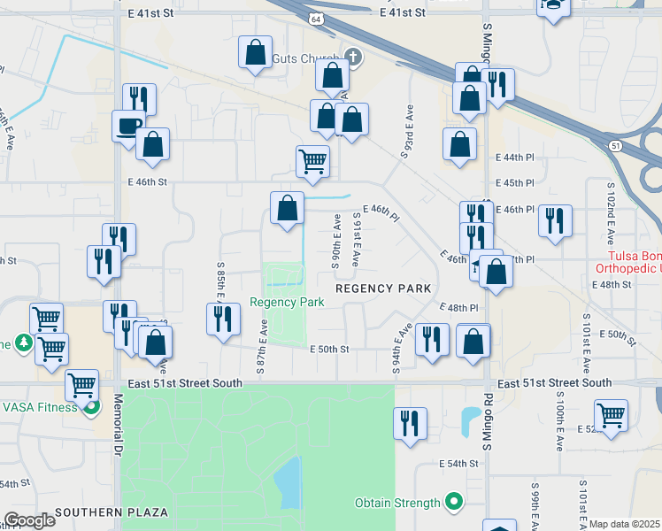 map of restaurants, bars, coffee shops, grocery stores, and more near 4740 South 90th East Avenue in Tulsa