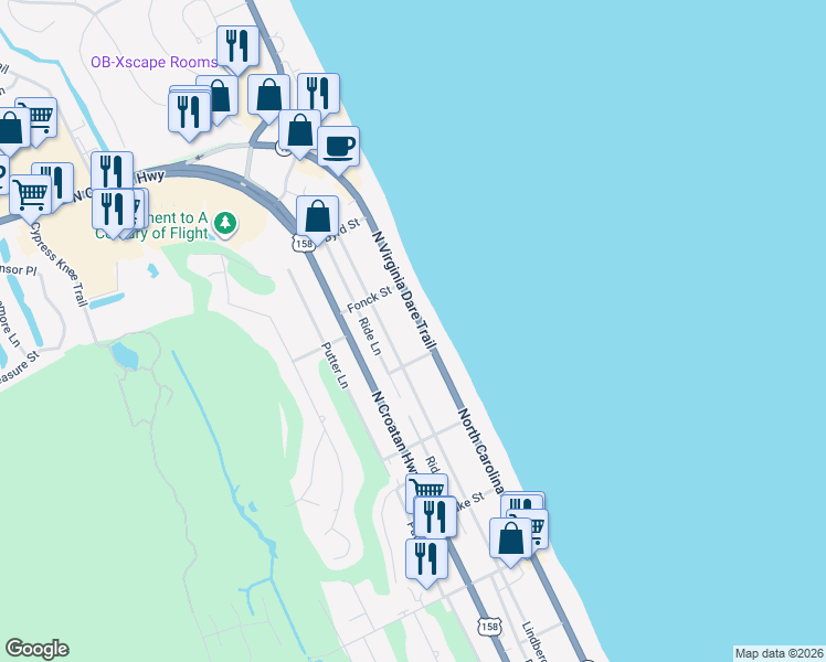 map of restaurants, bars, coffee shops, grocery stores, and more near 5010 North Virginia Dare Trail in Kitty Hawk