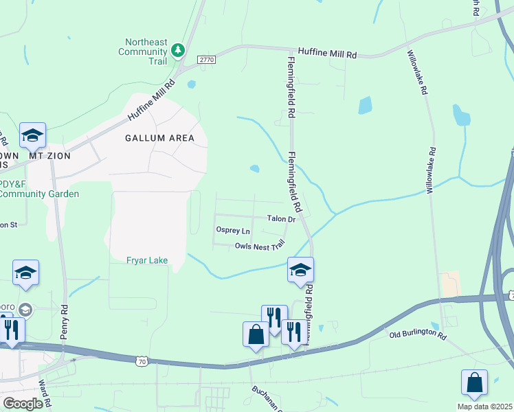 map of restaurants, bars, coffee shops, grocery stores, and more near 2300 Wise Owl Drive in McLeansville