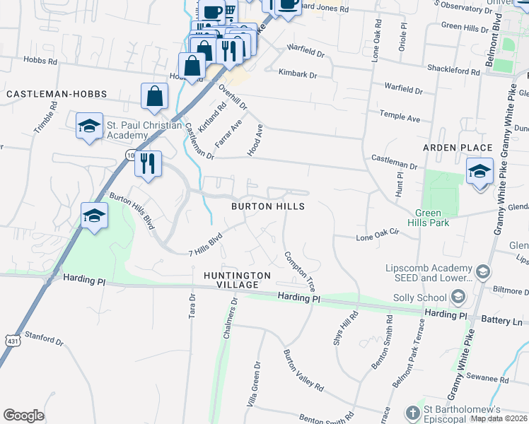 map of restaurants, bars, coffee shops, grocery stores, and more near 526 Belair Way in Nashville