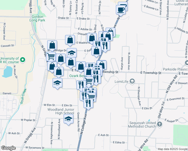 map of restaurants, bars, coffee shops, grocery stores, and more near 2369 College Avenue in Fayetteville