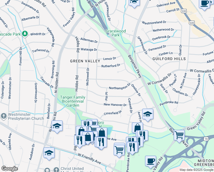 map of restaurants, bars, coffee shops, grocery stores, and more near 2822 Northampton Drive in Greensboro