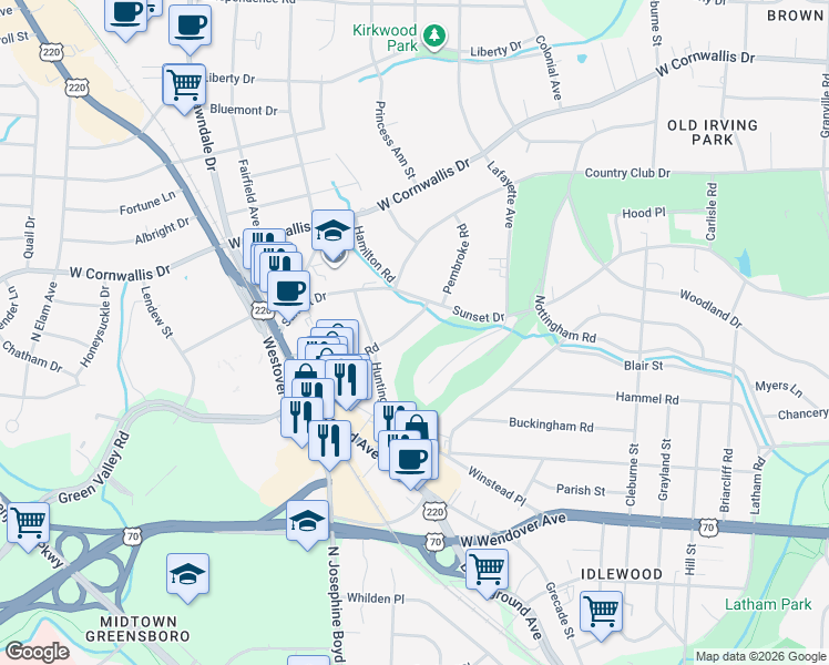 map of restaurants, bars, coffee shops, grocery stores, and more near 1908 Pembroke Road in Greensboro