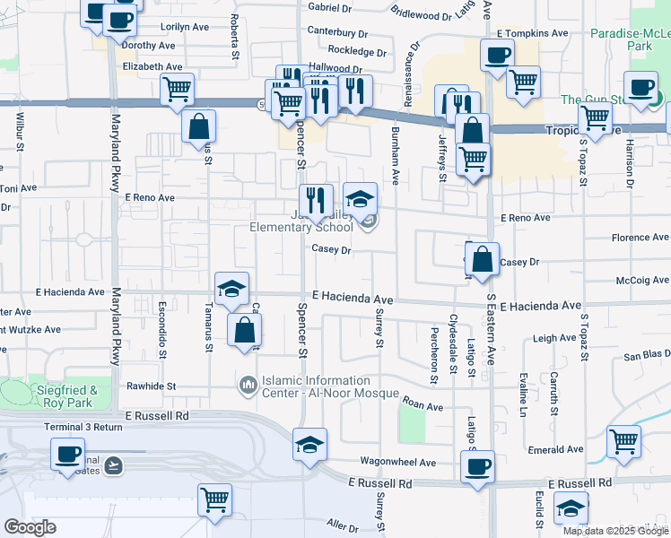 map of restaurants, bars, coffee shops, grocery stores, and more near 5235 Jana Court in Las Vegas