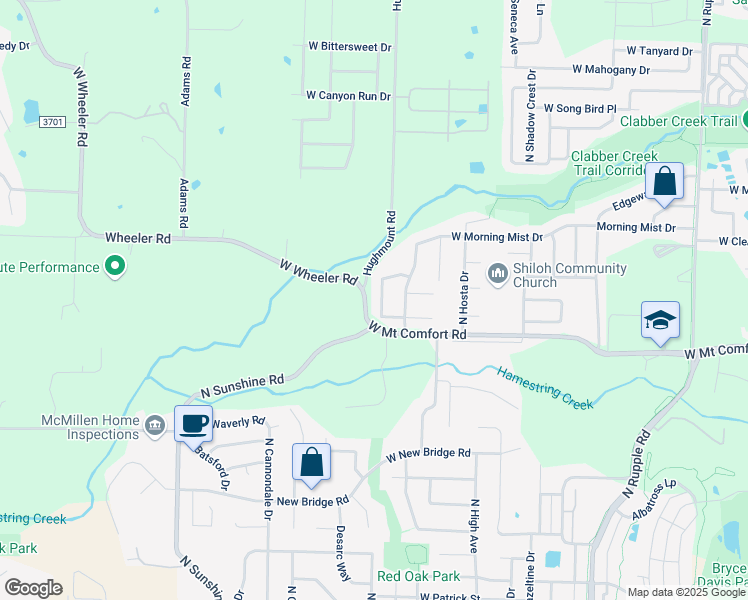 map of restaurants, bars, coffee shops, grocery stores, and more near 2311 North Cornwall Avenue in Fayetteville