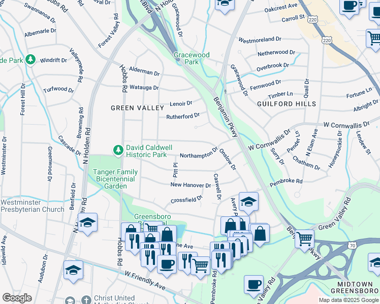 map of restaurants, bars, coffee shops, grocery stores, and more near 2810 Northampton Drive in Greensboro