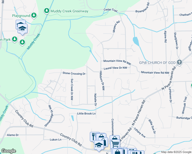 map of restaurants, bars, coffee shops, grocery stores, and more near 357 Natalie Drive in Winston-Salem