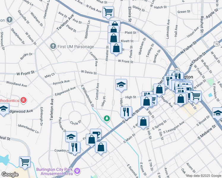 map of restaurants, bars, coffee shops, grocery stores, and more near 602 Fountain Place in Burlington