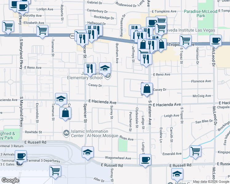 map of restaurants, bars, coffee shops, grocery stores, and more near 5233 Burnham Avenue in Las Vegas