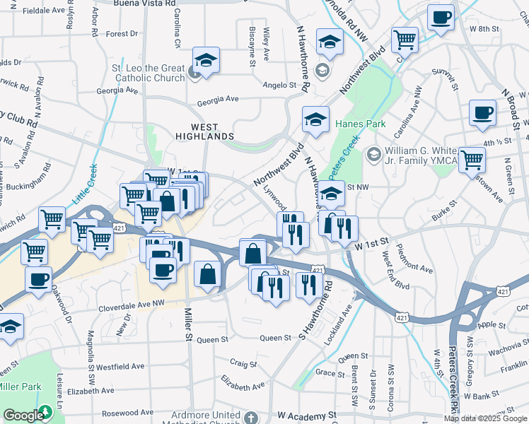 map of restaurants, bars, coffee shops, grocery stores, and more near 1622 West 1st Street in Winston-Salem