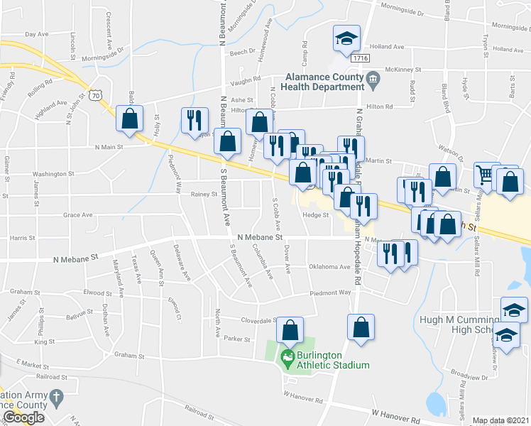 map of restaurants, bars, coffee shops, grocery stores, and more near 402 Columbia Avenue in Burlington