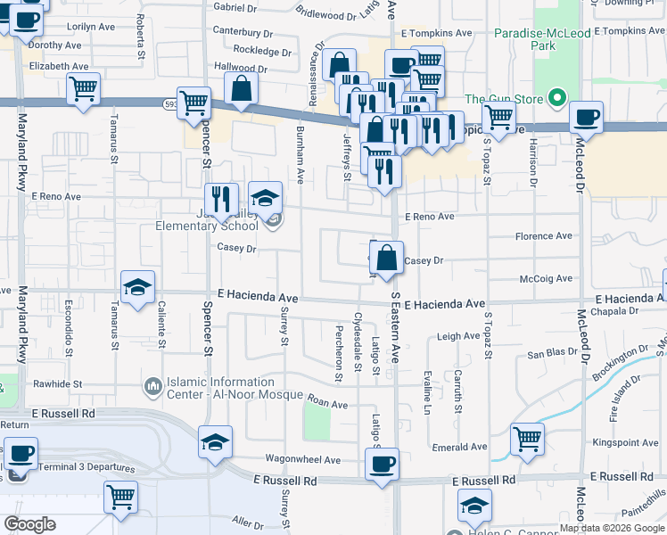 map of restaurants, bars, coffee shops, grocery stores, and more near 2287 Casey Drive in Las Vegas