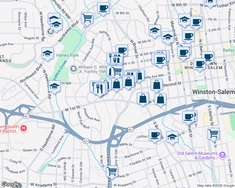 map of restaurants, bars, coffee shops, grocery stores, and more near 121 Fayette Street Northwest in Winston-Salem