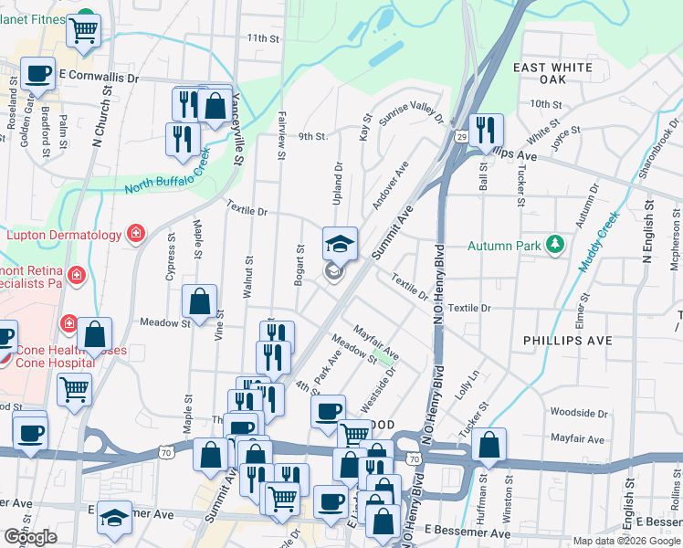 map of restaurants, bars, coffee shops, grocery stores, and more near 1401 Summit Avenue in Greensboro