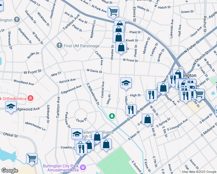 map of restaurants, bars, coffee shops, grocery stores, and more near 605 Isley Place in Burlington