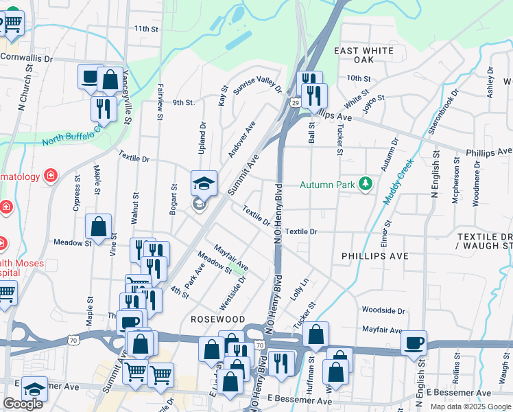 map of restaurants, bars, coffee shops, grocery stores, and more near 1505 Homeland Avenue in Greensboro