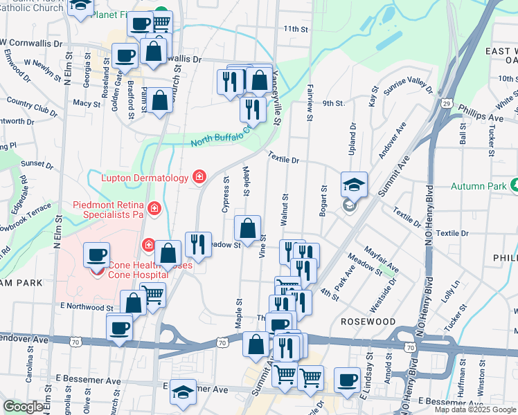 map of restaurants, bars, coffee shops, grocery stores, and more near 1401 Vine Street in Greensboro