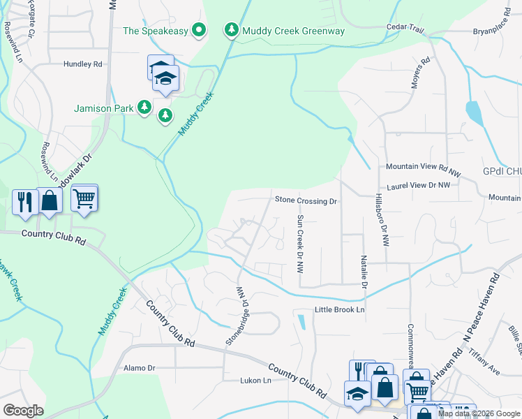 map of restaurants, bars, coffee shops, grocery stores, and more near 570 Stonebridge Drive Northwest in Winston-Salem