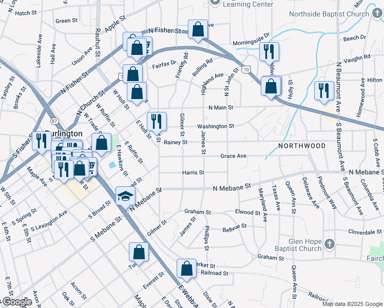 map of restaurants, bars, coffee shops, grocery stores, and more near 812 Grace Avenue in Burlington