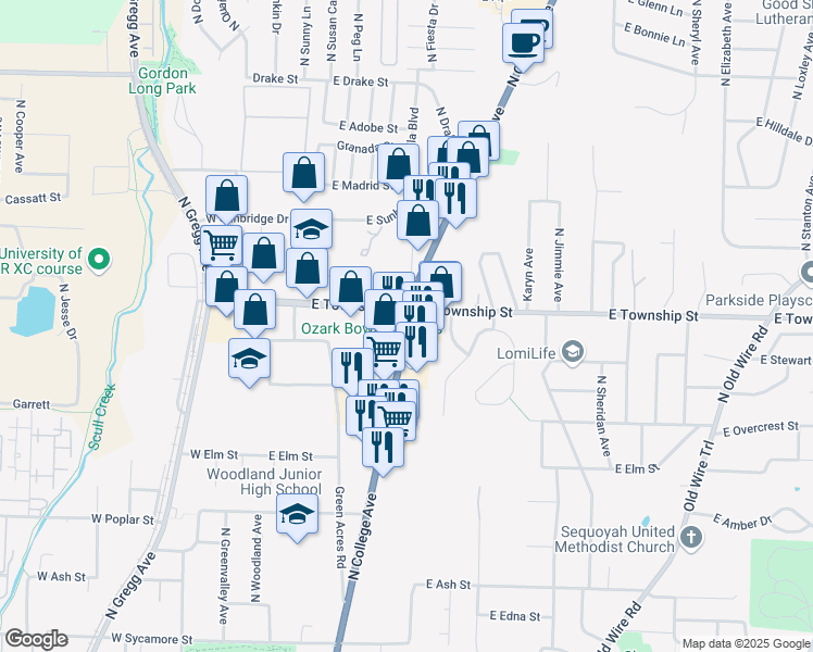 map of restaurants, bars, coffee shops, grocery stores, and more near 2369 College Avenue in Fayetteville