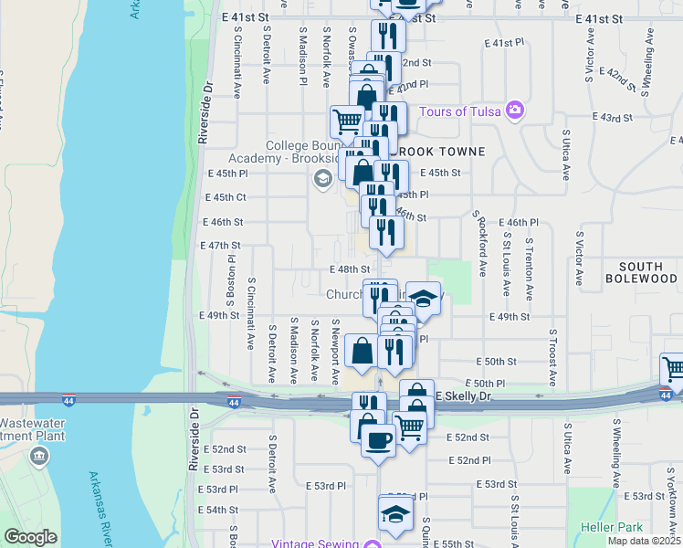 map of restaurants, bars, coffee shops, grocery stores, and more near 4804 South Owasso Avenue in Tulsa