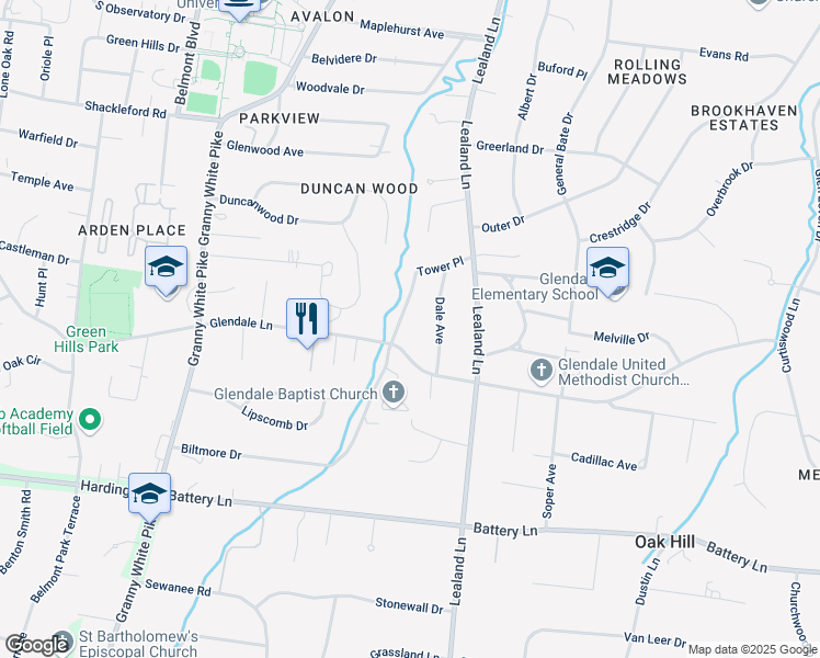 map of restaurants, bars, coffee shops, grocery stores, and more near 4310 Scenic Drive in Nashville