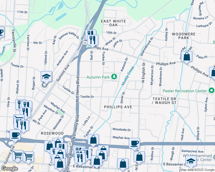 map of restaurants, bars, coffee shops, grocery stores, and more near 1411 Joyce Street in Greensboro
