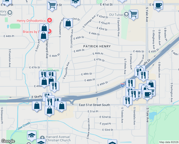map of restaurants, bars, coffee shops, grocery stores, and more near 3763 East 48th Street in Tulsa