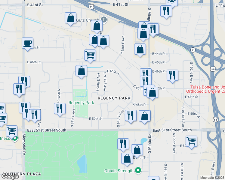 map of restaurants, bars, coffee shops, grocery stores, and more near 9123 East 48th Street in Tulsa