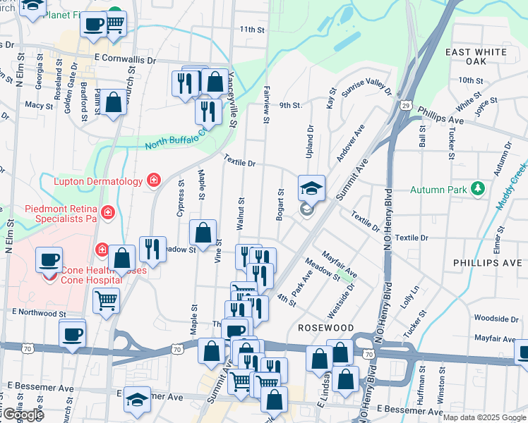 map of restaurants, bars, coffee shops, grocery stores, and more near 1402 Fairview Street in Greensboro