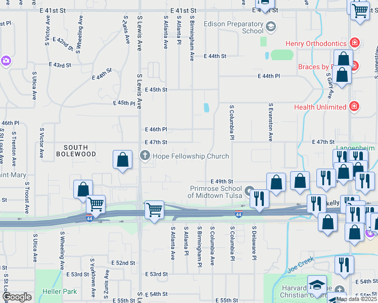 map of restaurants, bars, coffee shops, grocery stores, and more near 4727 South Atlanta Place in Tulsa