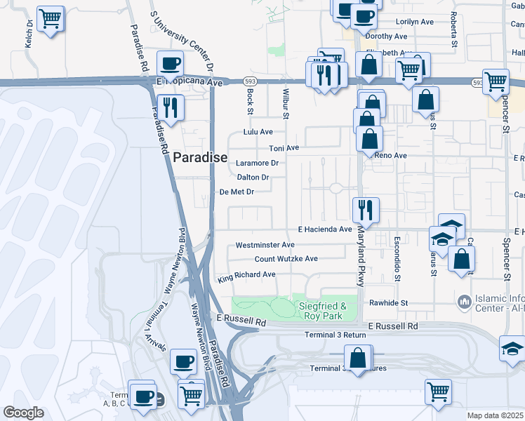 map of restaurants, bars, coffee shops, grocery stores, and more near 5244 Carol Circle in Las Vegas