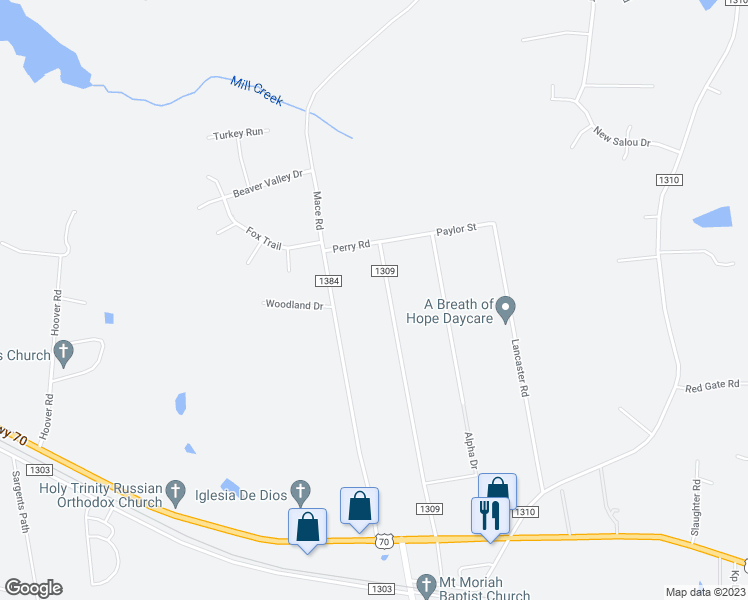 map of restaurants, bars, coffee shops, grocery stores, and more near 600 Shambley Road in Mebane