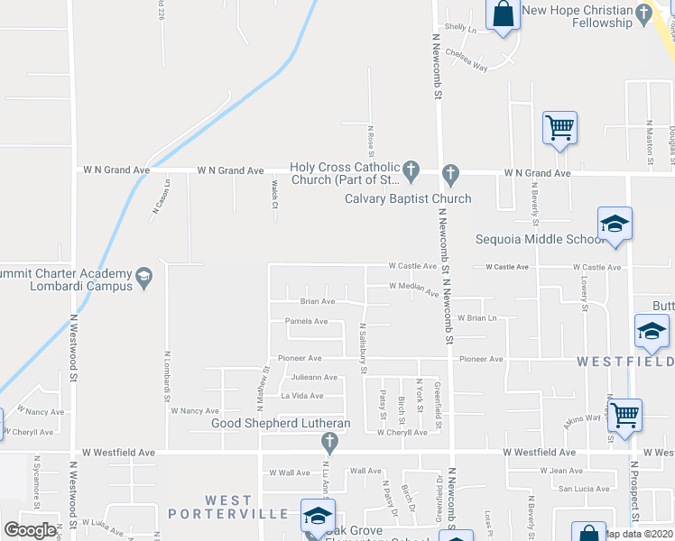 map of restaurants, bars, coffee shops, grocery stores, and more near 1831 West Castle Avenue in Porterville
