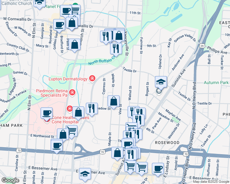 map of restaurants, bars, coffee shops, grocery stores, and more near 1401 Vine Street in Greensboro