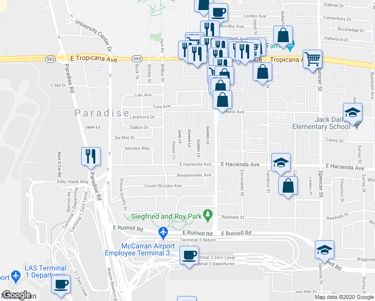 map of restaurants, bars, coffee shops, grocery stores, and more near 5225 Gray Lane in Las Vegas