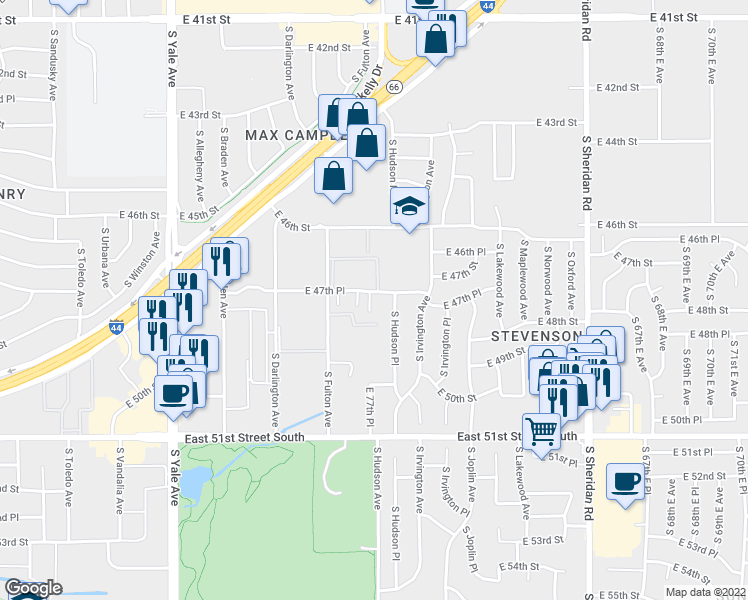 map of restaurants, bars, coffee shops, grocery stores, and more near 4714 South Hudson Place in Tulsa