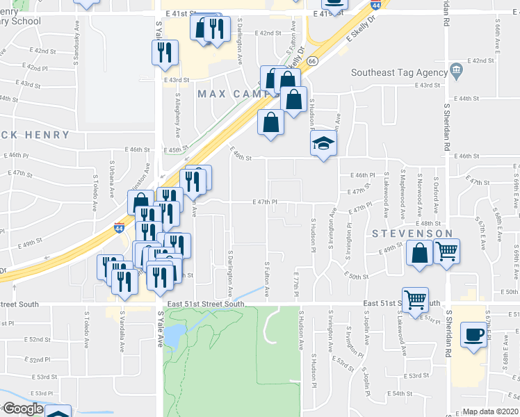map of restaurants, bars, coffee shops, grocery stores, and more near 5358 East 47th Place in Tulsa