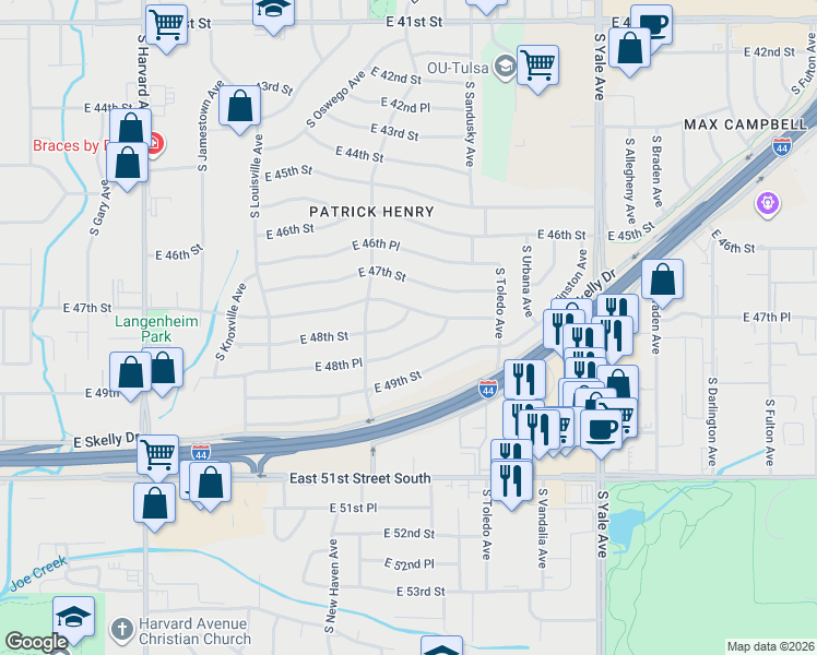 map of restaurants, bars, coffee shops, grocery stores, and more near 4155 East 48th Place in Tulsa