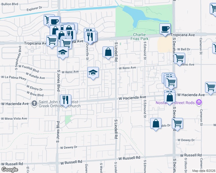 map of restaurants, bars, coffee shops, grocery stores, and more near 5582 Davies Drive in Las Vegas