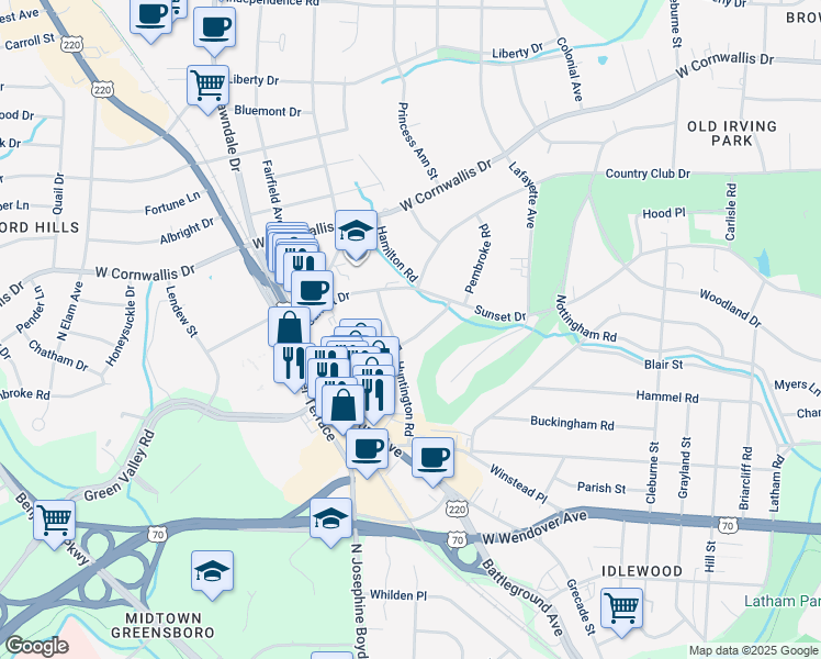 map of restaurants, bars, coffee shops, grocery stores, and more near 1903 Pembroke Road in Greensboro