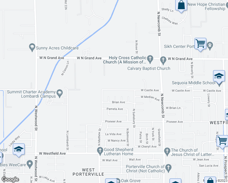 map of restaurants, bars, coffee shops, grocery stores, and more near 1901 West Castle Avenue in Porterville