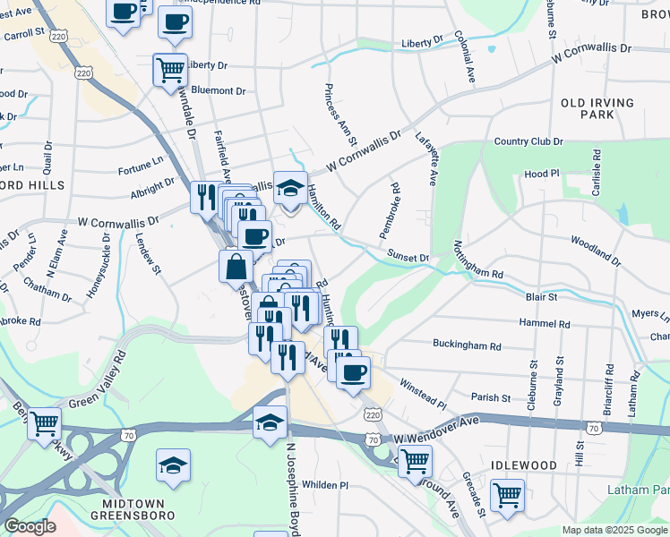 map of restaurants, bars, coffee shops, grocery stores, and more near 1903 Pembroke Road in Greensboro
