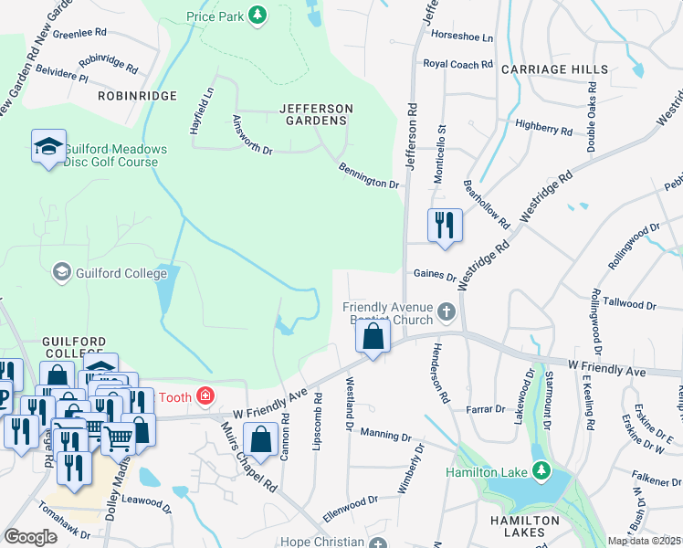 map of restaurants, bars, coffee shops, grocery stores, and more near 827 Larkwood Drive in Greensboro